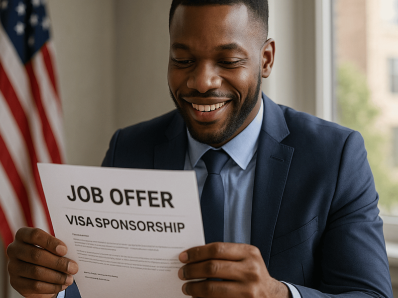 A foreign professional receiving a job offer letter from a U.S. employer offering visa sponsorship.