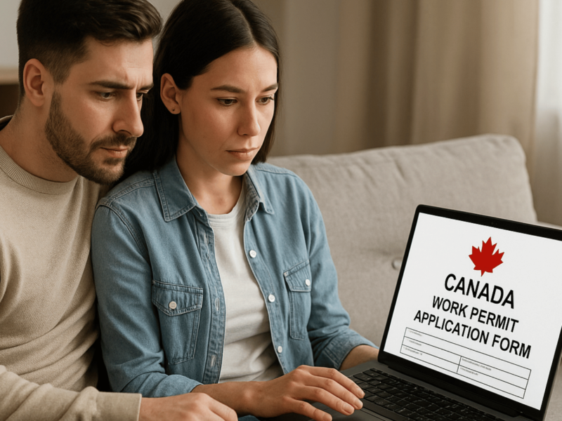 A couple sitting together reviewing a Canadian work permit application form on a laptop.