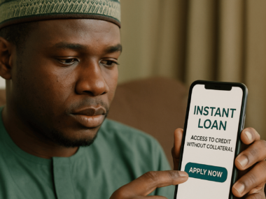 Nigerian user applying for a personal loan through a mobile app with instant approval and no collateral.