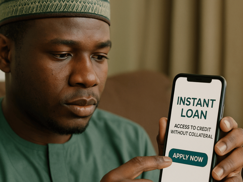 Nigerian user applying for a personal loan through a mobile app with instant approval and no collateral.