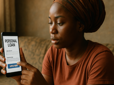 A young Nigerian woman using a mobile phone to apply for a personal loan at home, highlighting digital access to credit for low-income earners.